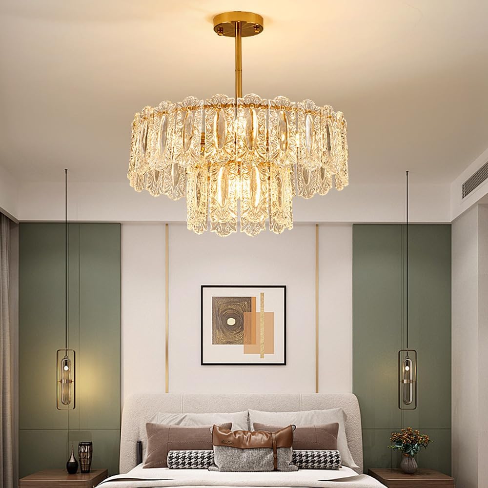 PTLYE Vintage Crystal Nordic School Chandelier Recessed Ceiling Lamp Antique Gold Dining Room Ceiling Lamp Large Clear Glass Beads Coastal Hanging Lighting for Farmhouse Living Room