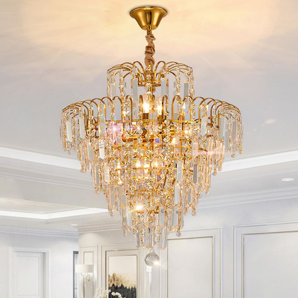 Large Gold Crystal Entry Round Chandelier for Dining Room Bedroom Kitchen Island 2 Tier Fireplace Drop Ceiling Light