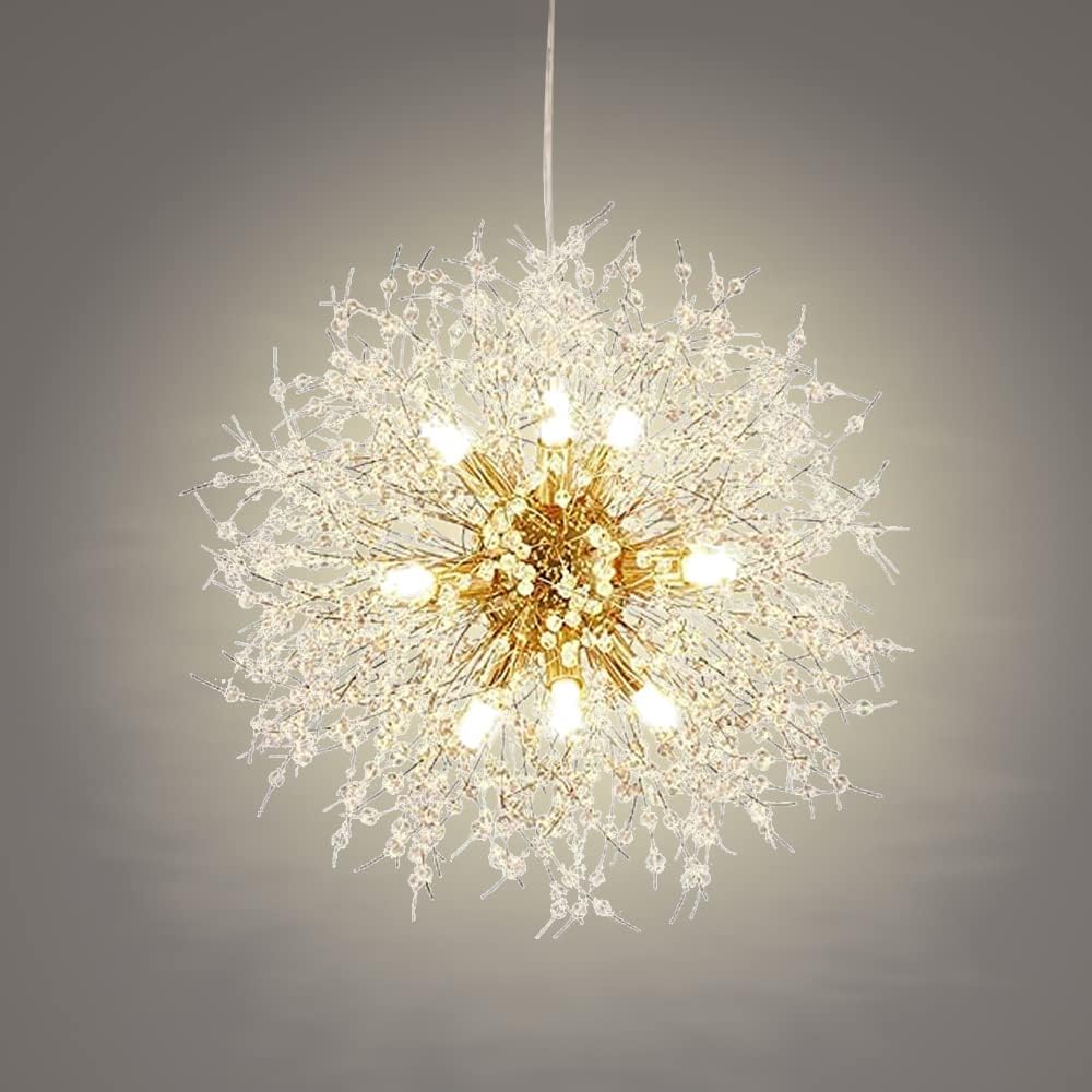 Gold-centered crystal ball chandelier with dandelion-inspired, ornate design; emits warm, elegant glow.