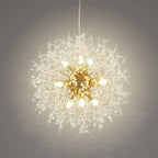 Gold-centered crystal ball chandelier with dandelion-inspired, ornate design; emits warm, elegant glow.