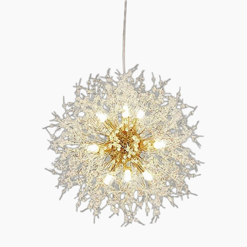 Gold dandelion crystal ball chandelier with exposed bulbs and starburst design, modern and sparkling.