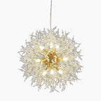 Gold dandelion crystal ball chandelier with exposed bulbs and starburst design, modern and sparkling.