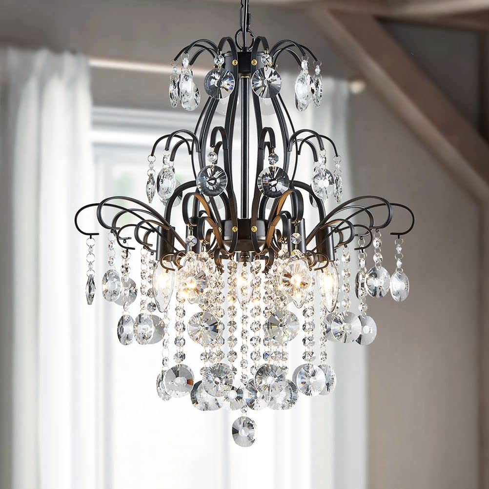 Maison Ornate Modern Gold 5-Light Chandelier with sparkling crystal balls and illuminated gold frame.