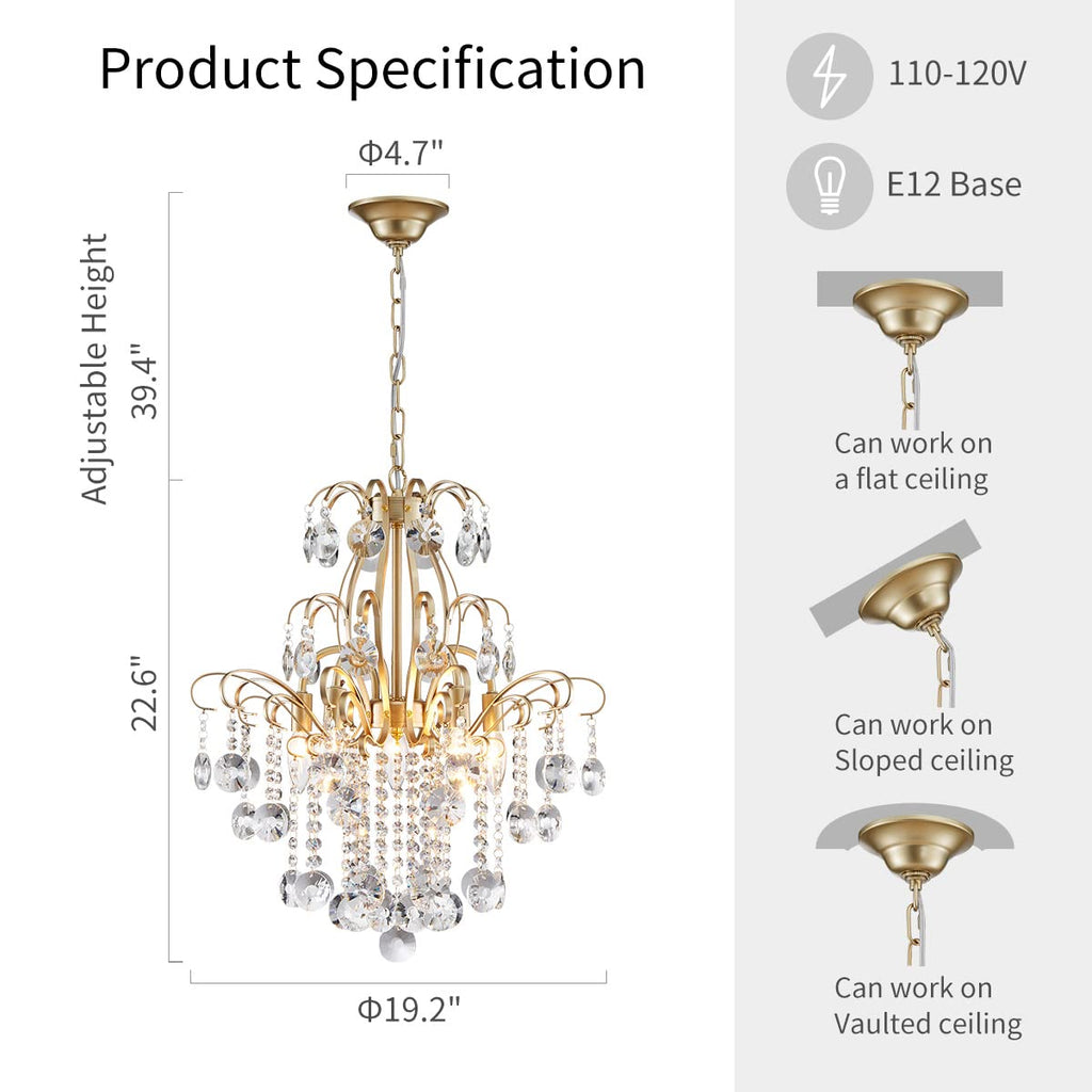 Modern gold 5-light crystal ball chandelier with adjustable hanging height, E12 base, and crystal accents.