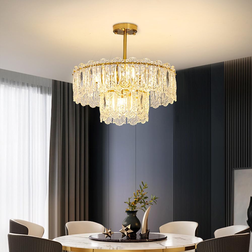 PTLYE Vintage Crystal Nordic School Chandelier Recessed Ceiling Lamp Antique Gold Dining Room Ceiling Lamp Large Clear Glass Beads Coastal Hanging Lighting for Farmhouse Living Room