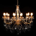 Baroque chandelier with gold beads and 12 E14 candle bulbs, ornate crystal accents.