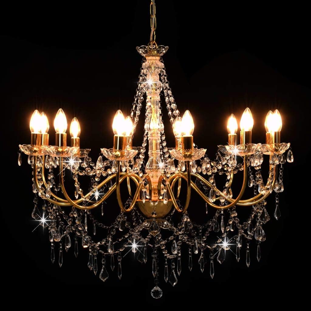 Baroque chandelier with gold beads and 12 E14 candle bulbs, ornate crystal accents.