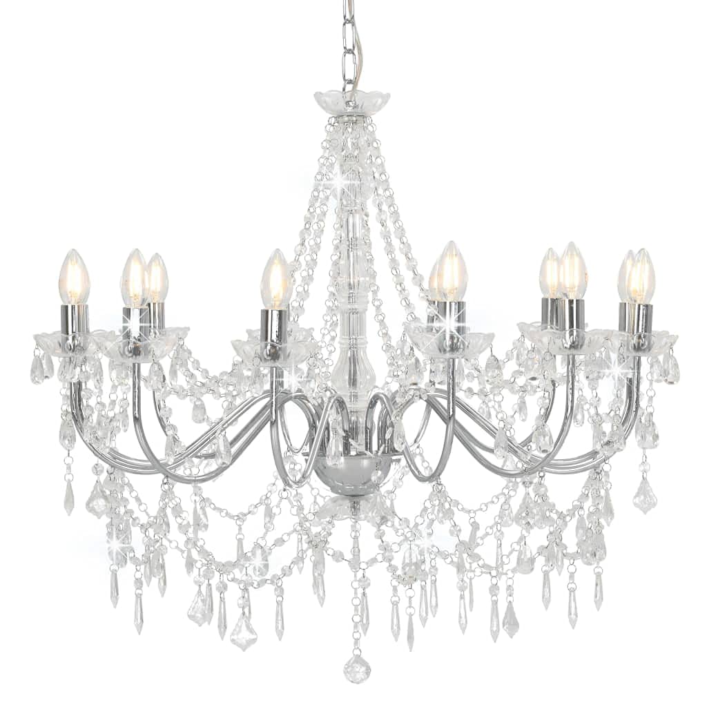 Eight-light baroque chandelier with silver arms, acrylic pearl accents, and chain suspension.