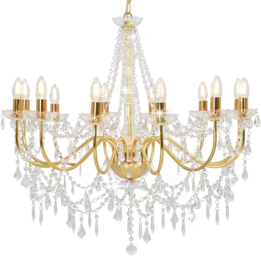 Maison Baroque chandelier with gold beads, 12 E14 bulbs, and sparkling hanging crystal accents.