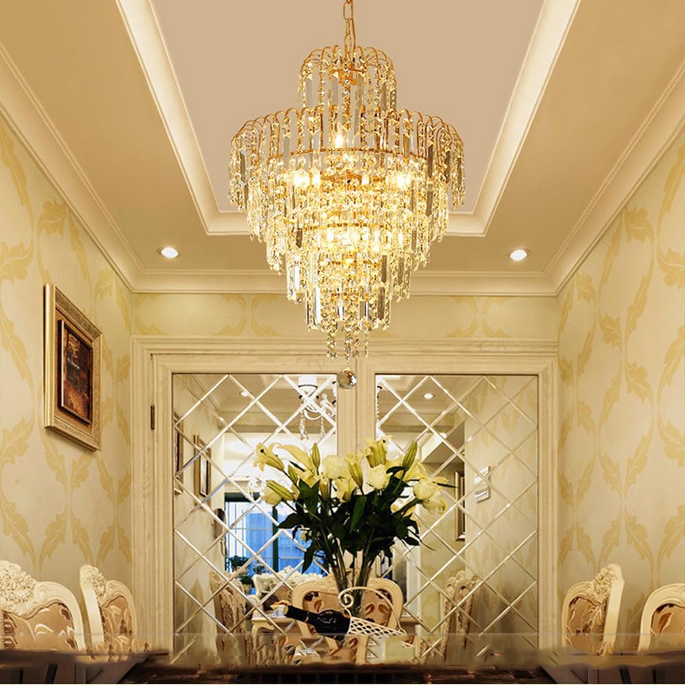 Large Gold Crystal Entry Round Chandelier for Dining Room Bedroom Kitchen Island 2 Tier Fireplace Drop Ceiling Light