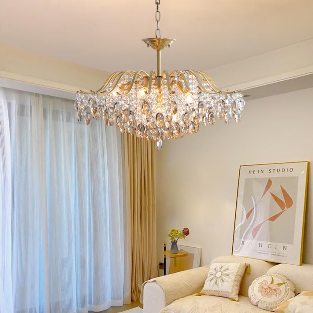 A Maison Ornate Modern Crystal Bedroom Chandelier features an adjustable chain and sparkling crystals.