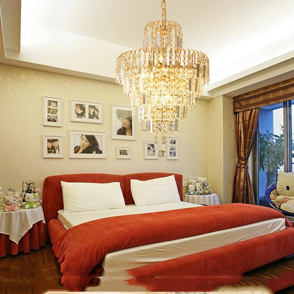 Large Gold Crystal Entry Round Chandelier for Dining Room Bedroom Kitchen Island 2 Tier Fireplace Drop Ceiling Light