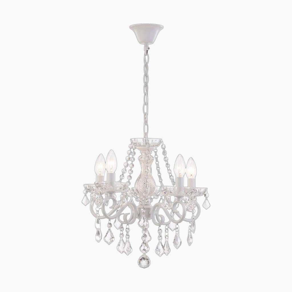 Ornate white chandelier with 5 candle-style lights, crystal accents, beads, and adjustable chain.