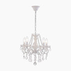 Ornate white chandelier with 5 candle-style lights, crystal accents, beads, and adjustable chain.