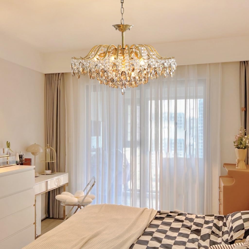 Maison Ornate Modern Crystal Bedroom Chandelier with Adjustable Chain, elegant crystals and sleek metallic finish.