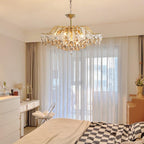 Maison Ornate Modern Crystal Bedroom Chandelier with Adjustable Chain, elegant crystals and sleek metallic finish.
