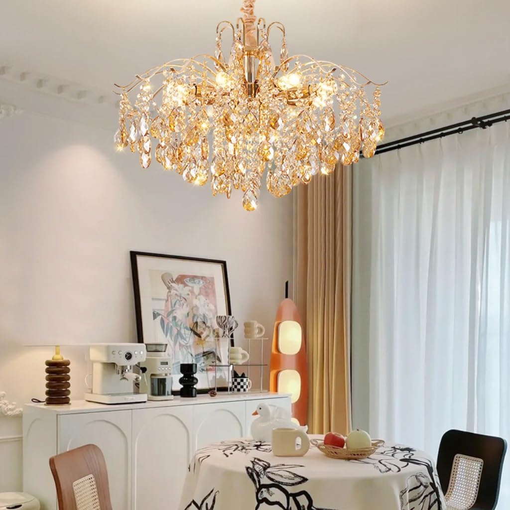 Elegant crystal bedroom chandelier with gold tassels by Maison Ornate, intricate detailing, luxurious design.