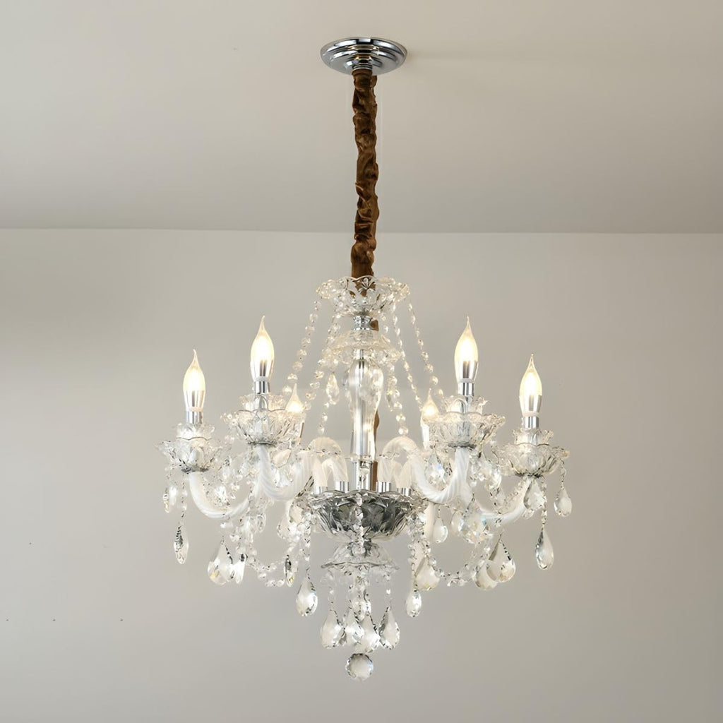 Elegant French-style white chandelier with 15 arms, K9 crystal droplets, and candle-like bulbs.