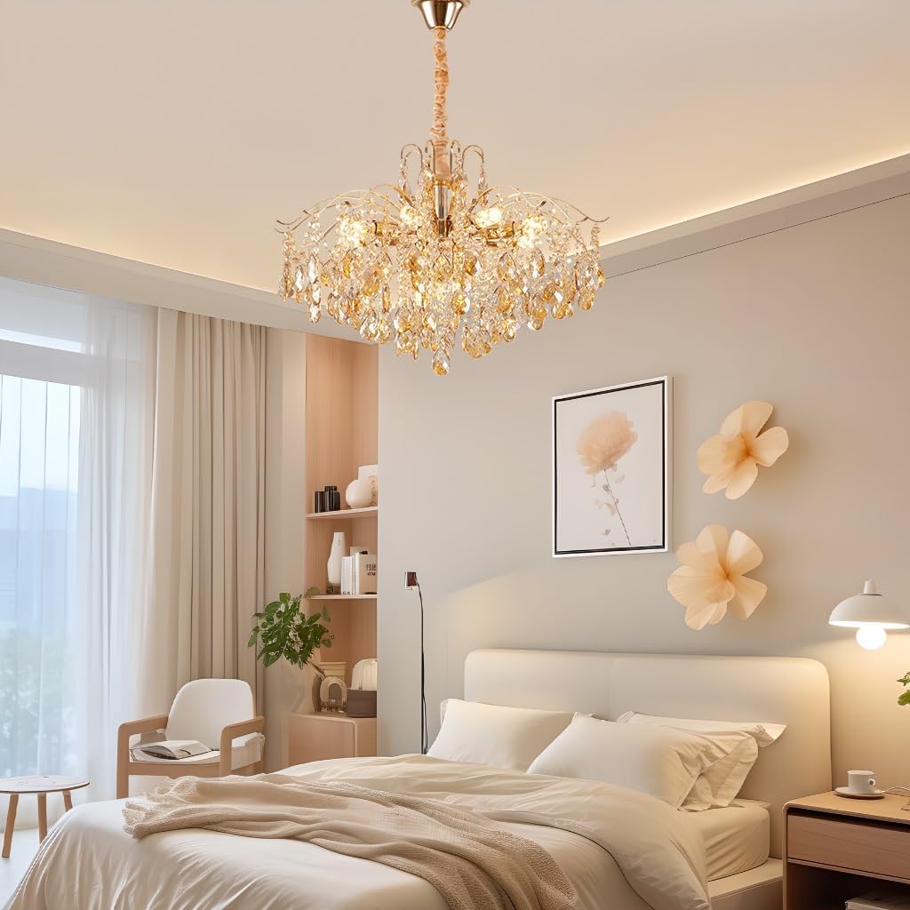 Maison Ornate Elegant Crystal Bedroom Chandelier with gold tassels, sparkling crystals, and refined gold accents.