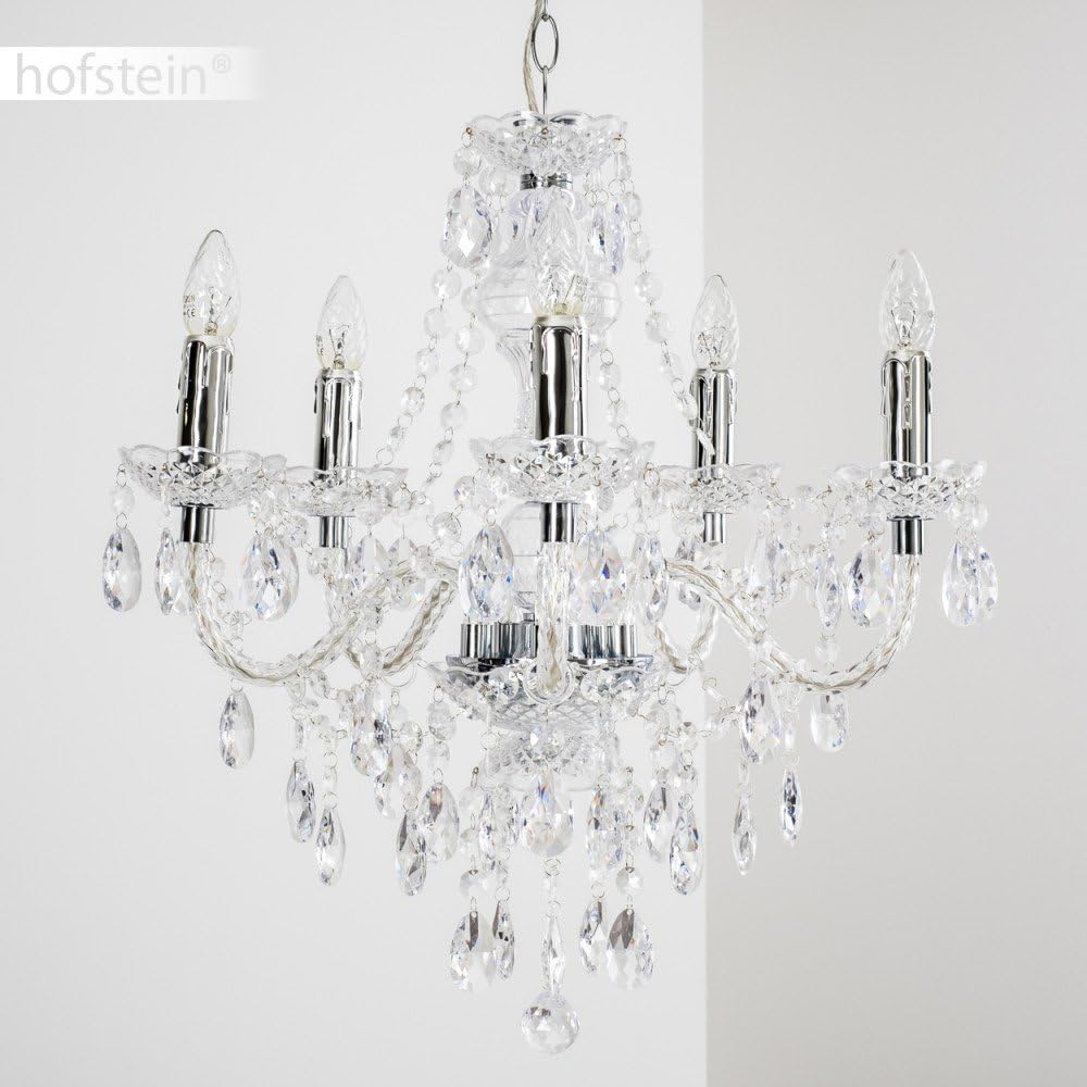 Chrome-finished chandelier with five candle-style lights, crystal droplets, and beads in modern design.