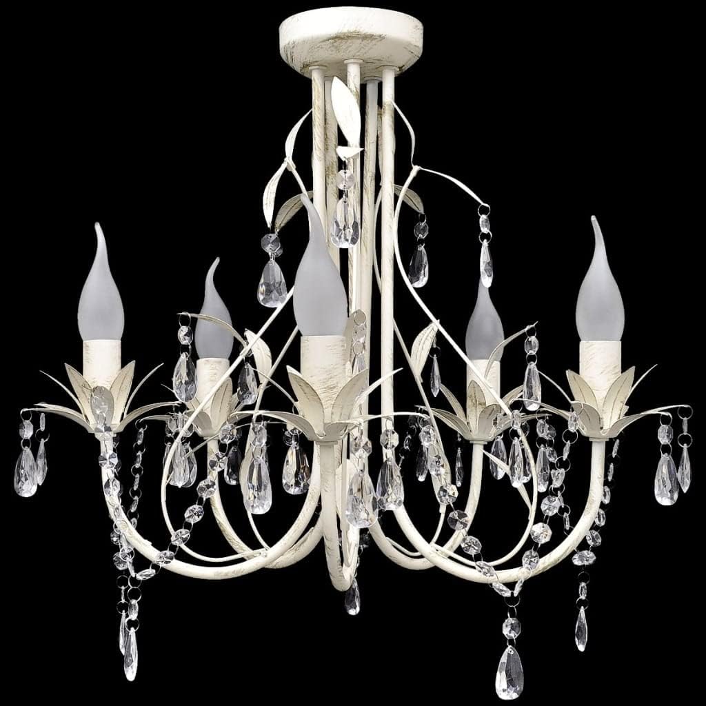 Art Deco chandelier with five candle bulbs, white branch frame, clear crystal pendants, ceiling mount.