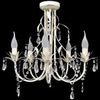 Art Deco chandelier with five candle bulbs, white branch frame, clear crystal pendants, ceiling mount.