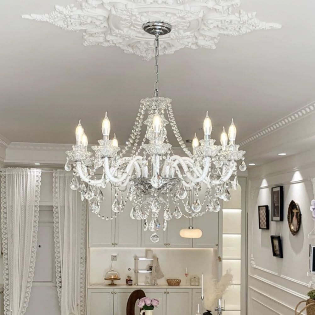 Maison Ornate Modern French 15-arm chandelier with K9 crystals and lit bulbs, white finish.