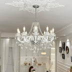 Maison Ornate Modern French 15-arm chandelier with K9 crystals and lit bulbs, white finish.