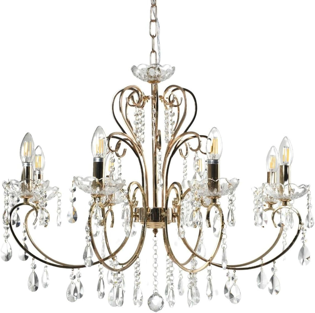 Maison Ornate Rose Gold Baroque Chandelier with 8 curved arms, E14 bulbs, and crystal droplets.