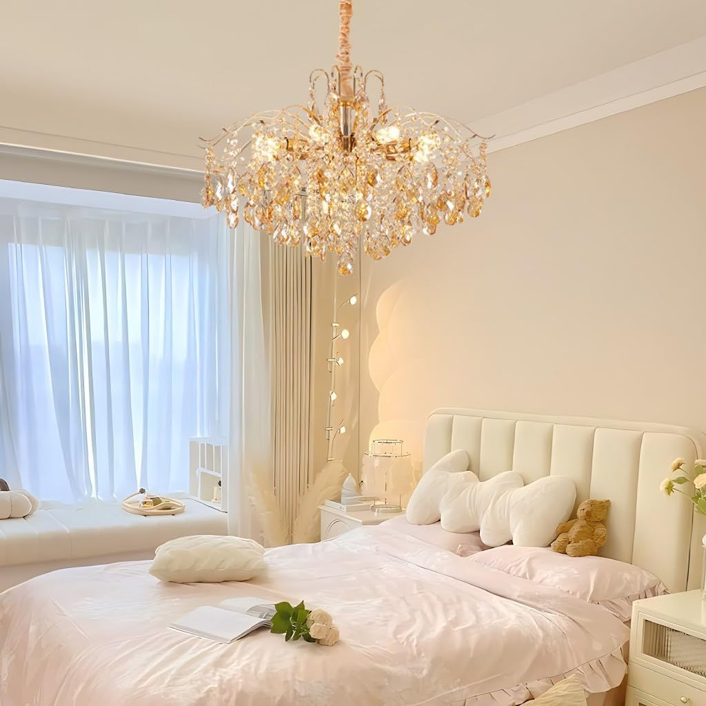 Maison Ornate Elegant Crystal Bedroom Chandelier with gold tassels, sparkling crystals, and elegant design.