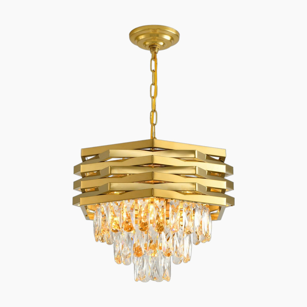 Five-tier round gold chandelier with hexagonal frame and K9 crystal prisms, radiates elegant warmth.