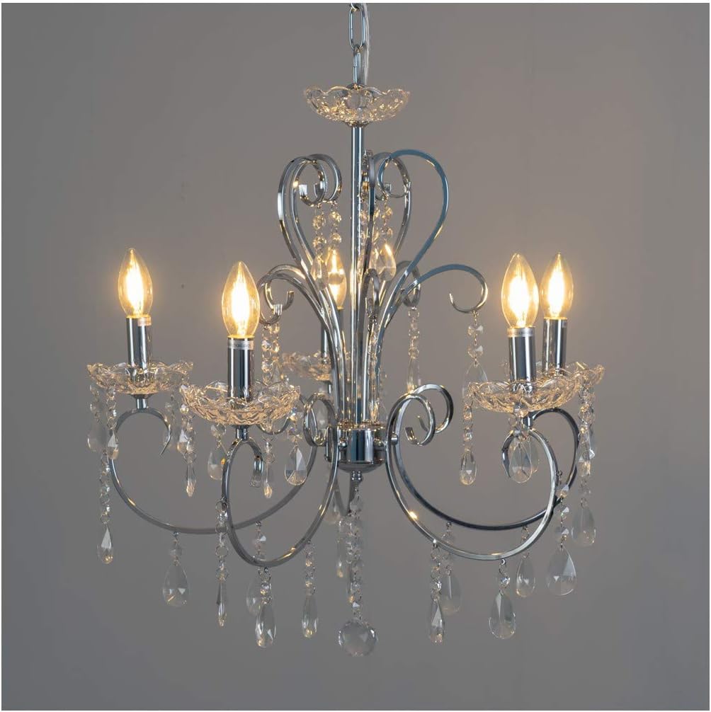 Maison Ornate Silver Baroque Chandelier with chrome finish, crystal ornaments, 5 E14 bulbs. Elegant and decorative.