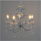 Maison Ornate Silver Baroque Chandelier with chrome finish, crystal ornaments, 5 E14 bulbs. Elegant and decorative.