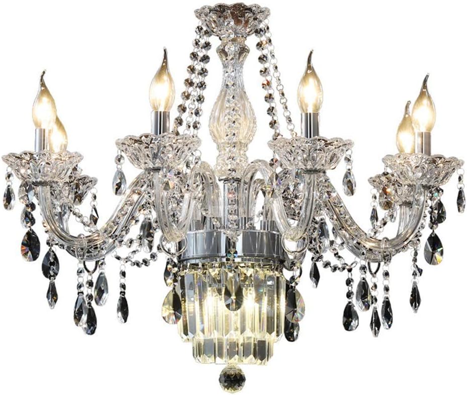 Luxurious European chandelier with six candle bulbs, K9 crystal droplets, ornate glass arms.