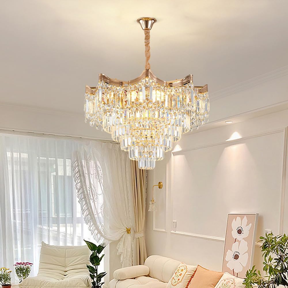 Maison Ornate Modern Gold Crystal LED Adjustable Pendant Light with elegant crystals and sleek gold finish.