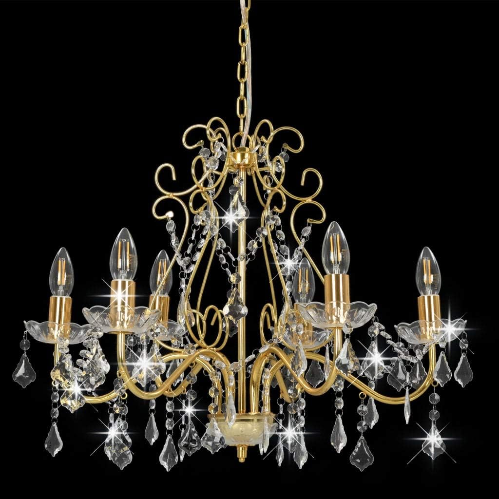 Ornate gold chandelier with candle-style bulbs, hanging crystal beads, and ceiling mount design.