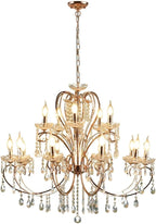 Rose gold baroque chandelier with 15 arms, candle bulbs, crystals, and ornate curved arms.