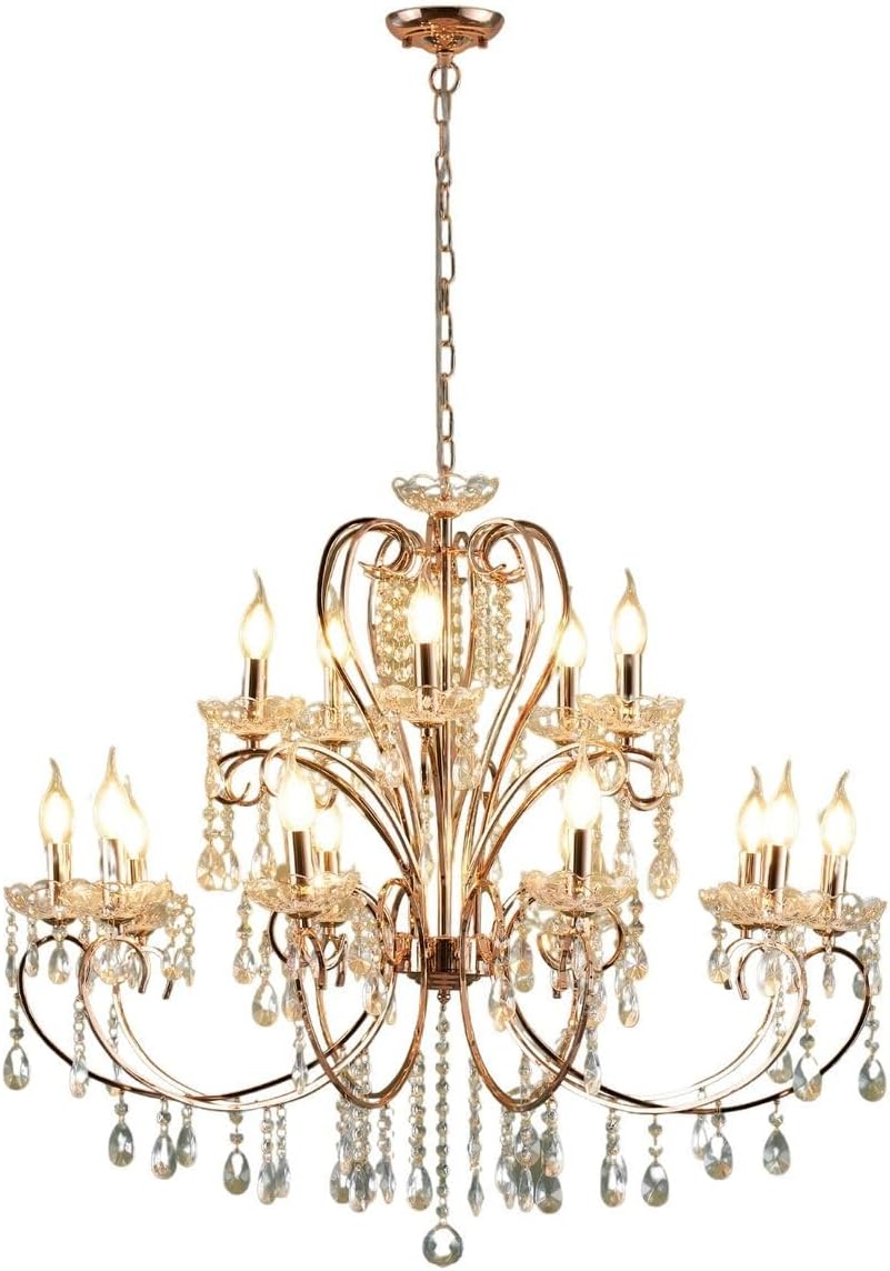 Rose gold baroque chandelier with 15 arms, candle bulbs, crystals, and ornate curved arms.