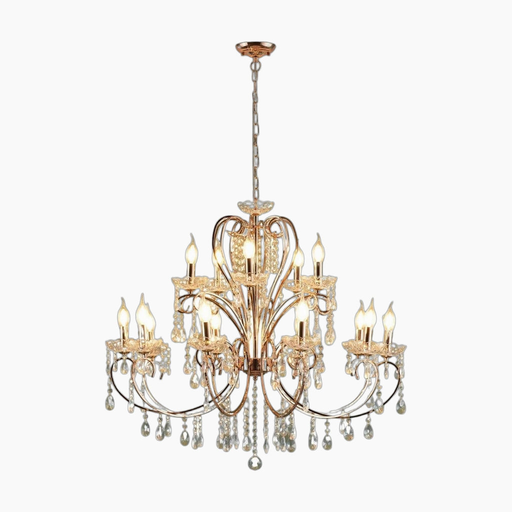 Maison Ornate Rose Gold Baroque Chandelier with 15 arms, crystal pendants, candle-style lights.
