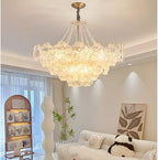 Maison Ornate Adjustable Golden Crystal Glass Flower Chandelier, elegant gold fixture with intricate crystal floral detailing.
