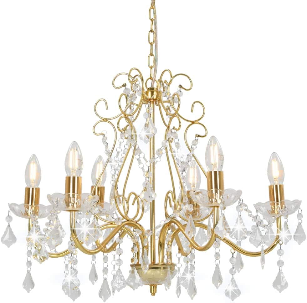 Ornate gold chandelier with six E14 candle sockets and clear crystal pendants on a gold chain.