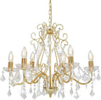 Ornate gold chandelier with six E14 candle sockets and clear crystal pendants on a gold chain.