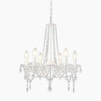 Elegant metal chandelier with six candle bulbs, bead drapes, teardrop pendants; modern adjustable design.