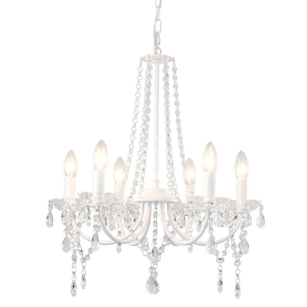 Six-light chandelier with modern metal frame, crystal beads, and teardrop pendants for stylish décor.