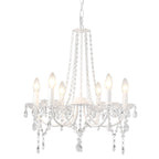 Modern metal chandelier with six candle-style lights, crystal beads, droplets, and adjustable ceiling chain.