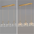 Maison Ornate Elegant Brass Crystal Pendant Light, unlit left and illuminated right, showcasing chandelier details.