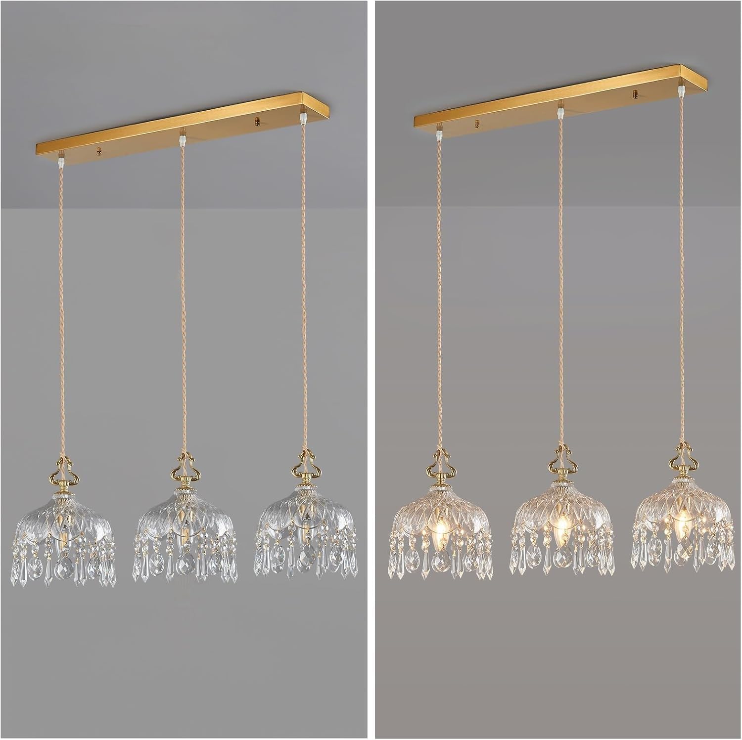 Maison Ornate Elegant Brass Crystal Pendant Light, unlit left and illuminated right, showcasing chandelier details.