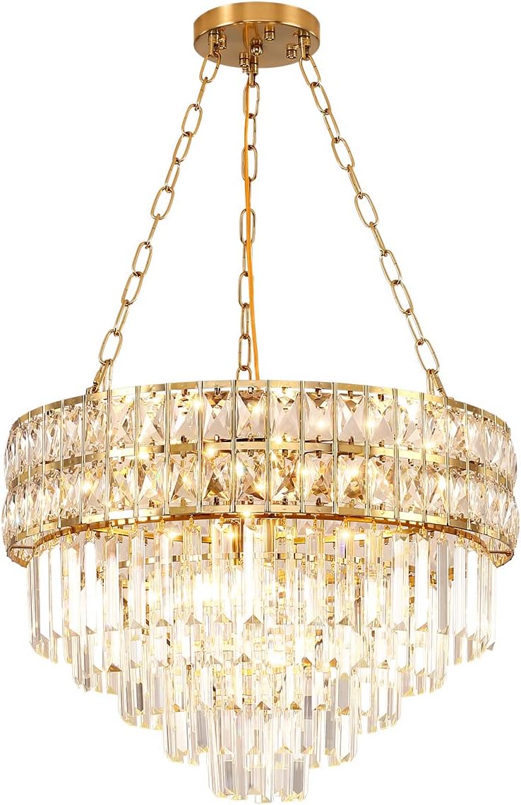 Round crystal pendant chandelier with stainless frame, gold chains, geometric accents, and layered glass prisms.