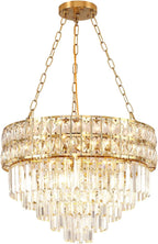 Round crystal pendant chandelier with stainless frame, gold chains, geometric accents, and layered glass prisms.
