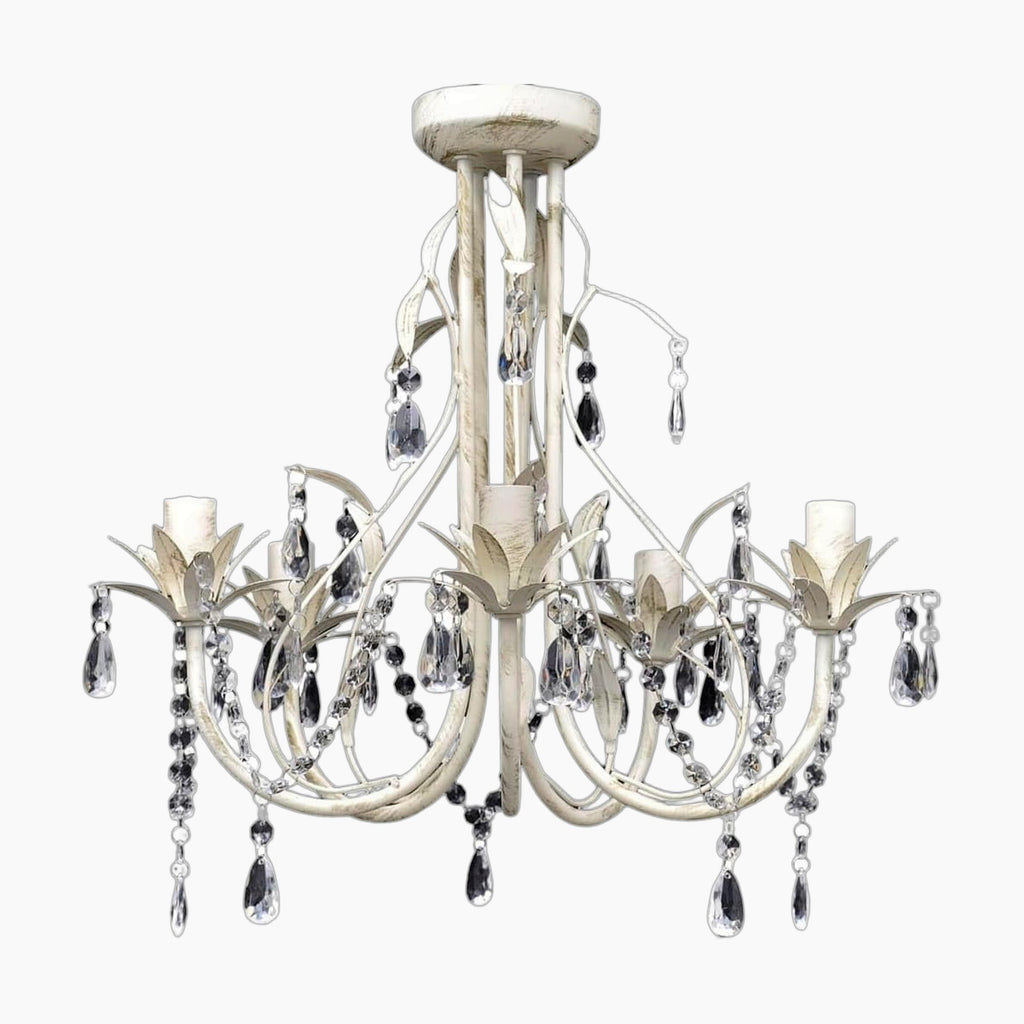 Art Deco chandelier with five bulbs, distressed white finish, clear and black crystal beads.